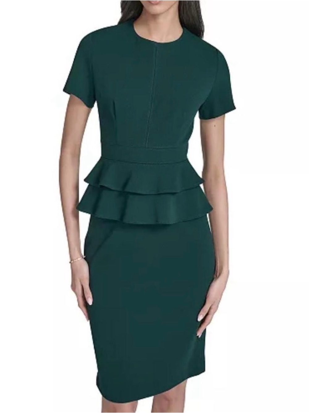 Calvin Klein Dark Green Short-Sleeve Peplum Sheath Dress